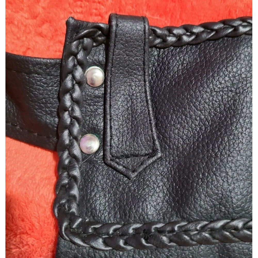 Jafrum Leather Motorcycle Chaps Black Braided Trim Adjustable Buckle Biker Wear - Picture 9 of 13